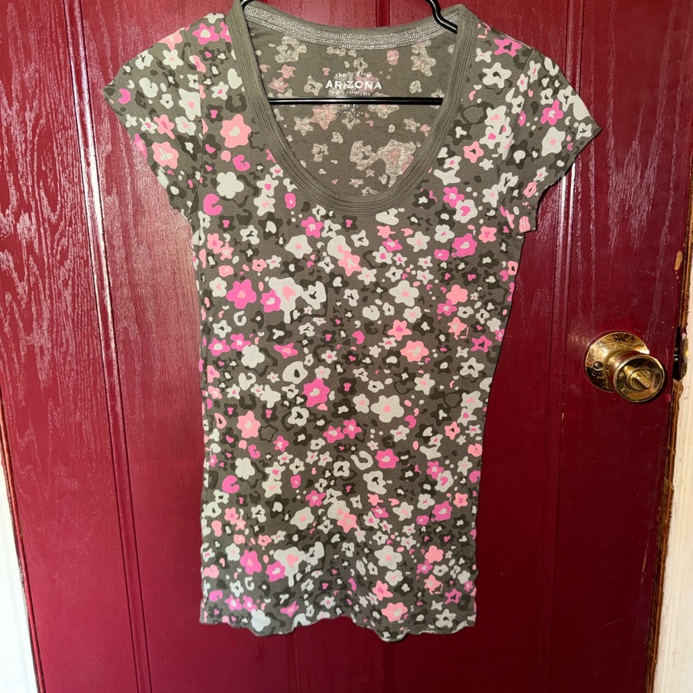 Arizona Jean Company Olive Scoop Neck Tee with Pink & White Floral Print